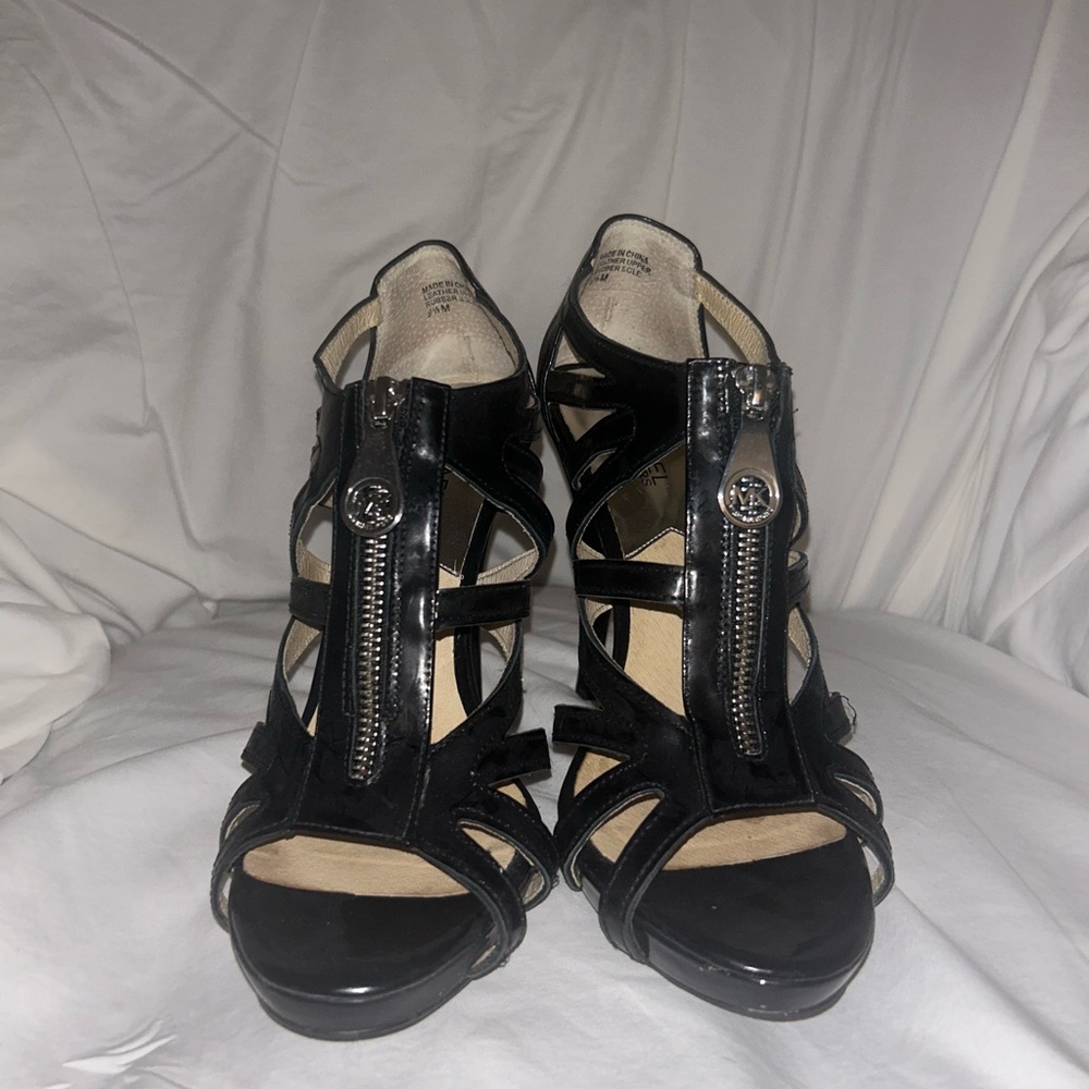 Michael Kors Black Patent Leather Strappy Zipper Heels - size 9.5